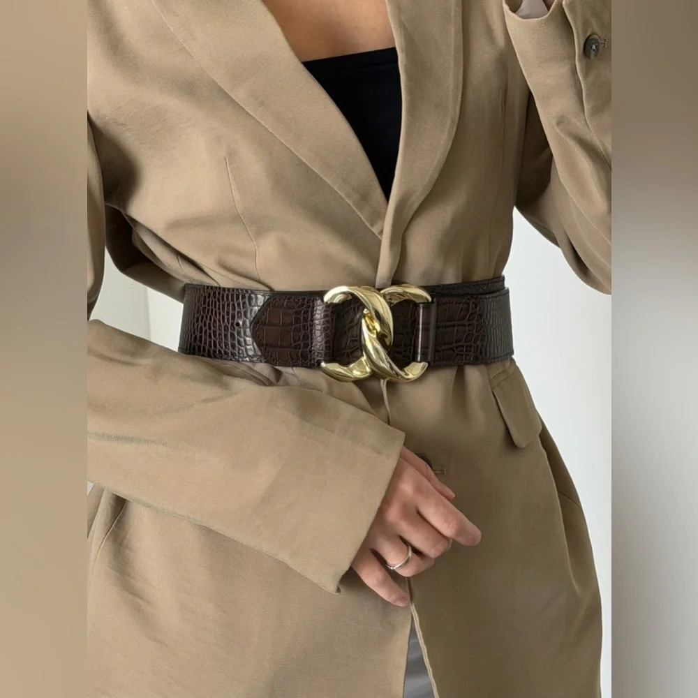 Zara Leather Brown Croc-Embossed Belt with Gold Buckle